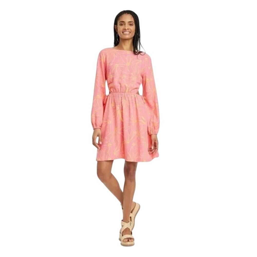 UNIVERSAL THREAD NEW $35 PinkSide Cut Out Linen Balloon LS Mini A-Line Dress